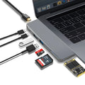 USB-C expansion adapter with eight ports for MacBook Pro showing dual connectors and multiple interface options
