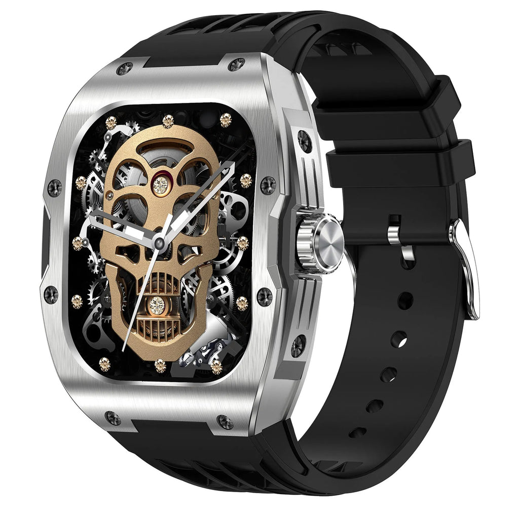 Men's black and blue smart watch with AMOLED screen displaying fitness stats, on a wrist.