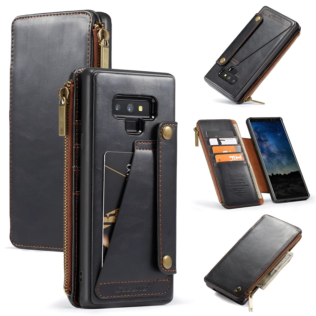 Black PU leather flip phone case for Samsung Galaxy Note9 showing card slots and magnetic closure.