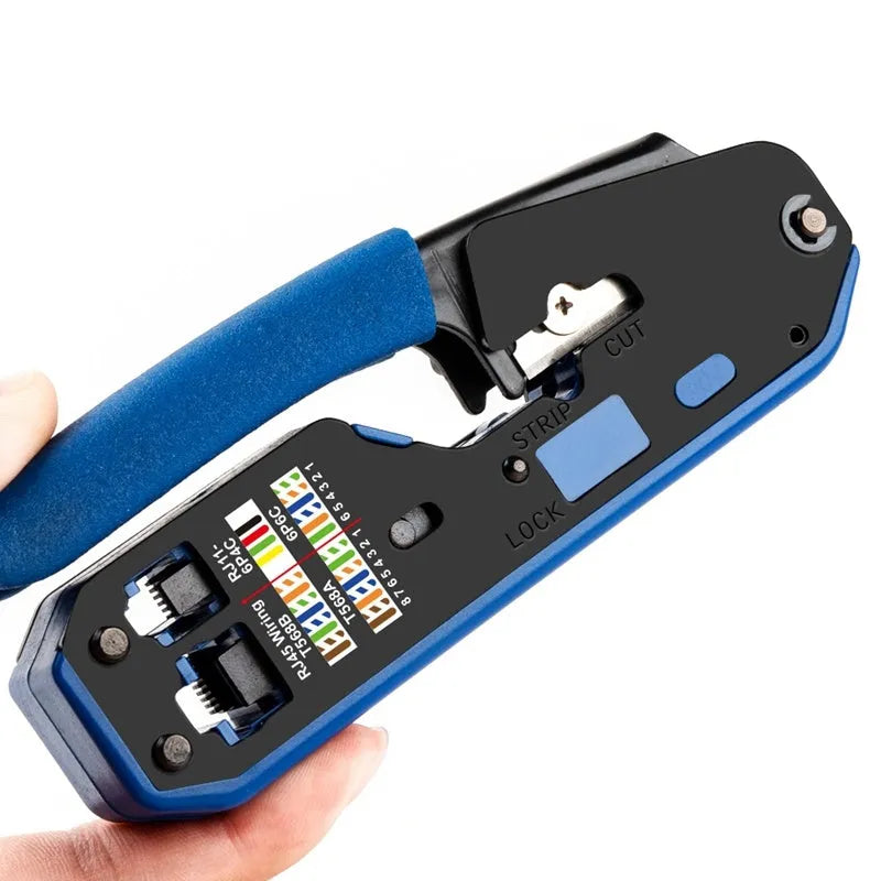 Black and blue plastic metal RJ45 network cable crimper with non-slip handle and security lock