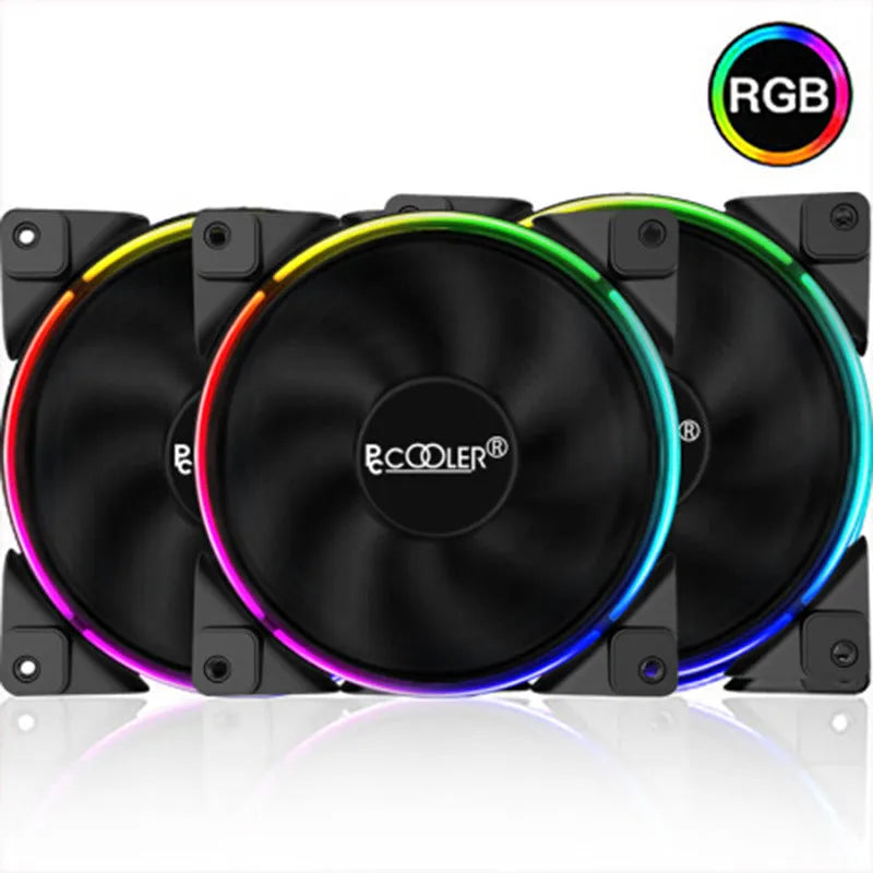 Three black 120mm RGB PC cooling fans with illuminated blades