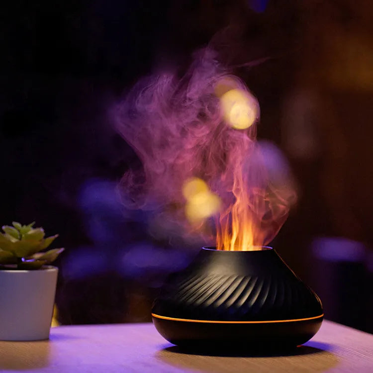 130ml RGB flame aroma diffuser with 3D colourful fire volcano effect humidifier night light black