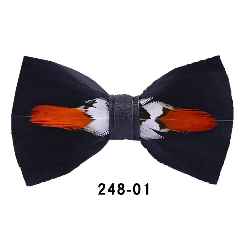 Handmade feather bow tie in polyester yarn, flat head style, 12cm x 6cm, unisex adult size