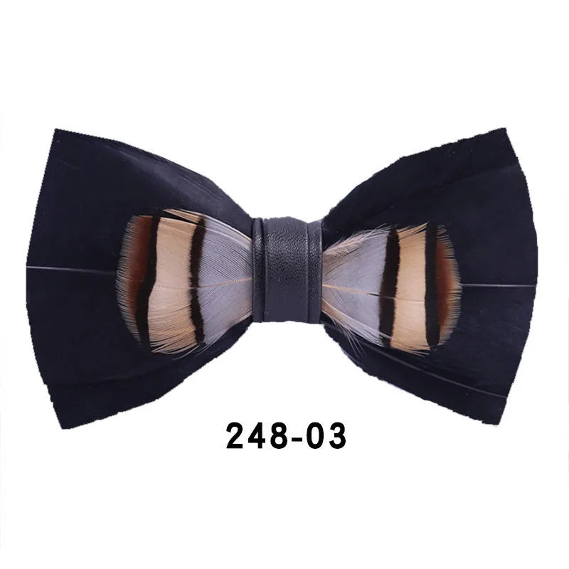Handmade feather bow tie in polyester yarn, flat head style, 12cm x 6cm, unisex adult size