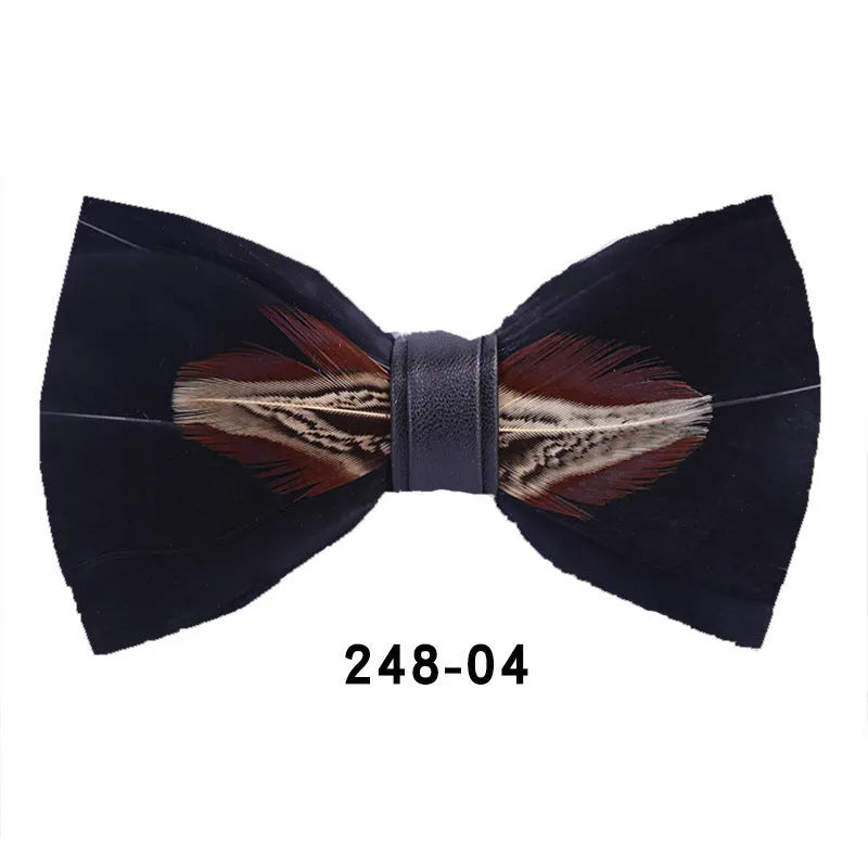 Handmade feather bow tie in polyester yarn, flat head style, 12cm x 6cm, unisex adult size