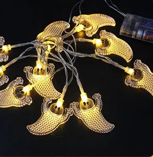 Halloween LED string lights with pumpkin, ghost, bat and spider pendants on a 1.2 metre battery-powered string
