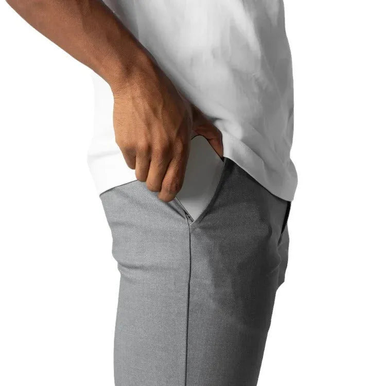 Men's casual cotton trousers in Japanese straight-leg style, available in gray and dark blue, sizes S to XXL