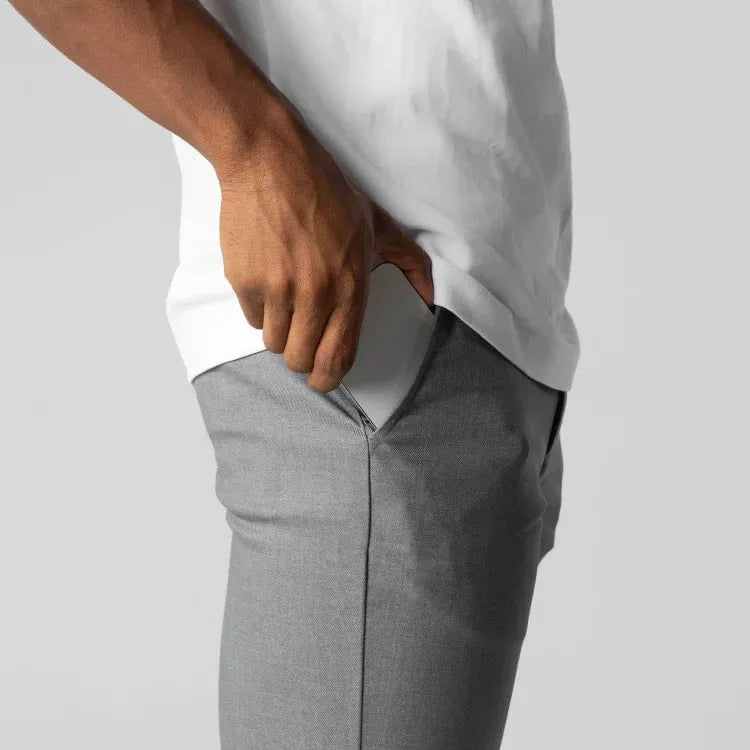 Men's casual cotton trousers in Japanese straight-leg style, available in gray and dark blue, sizes S to XXL