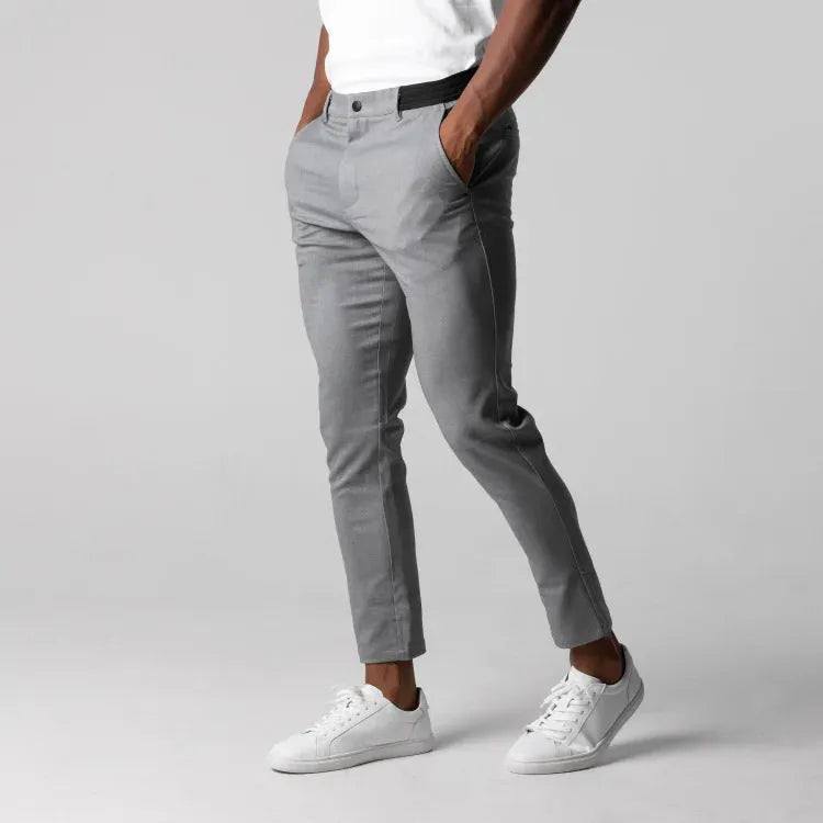 Men's casual cotton trousers in Japanese straight-leg style, available in gray and dark blue, sizes S to XXL
