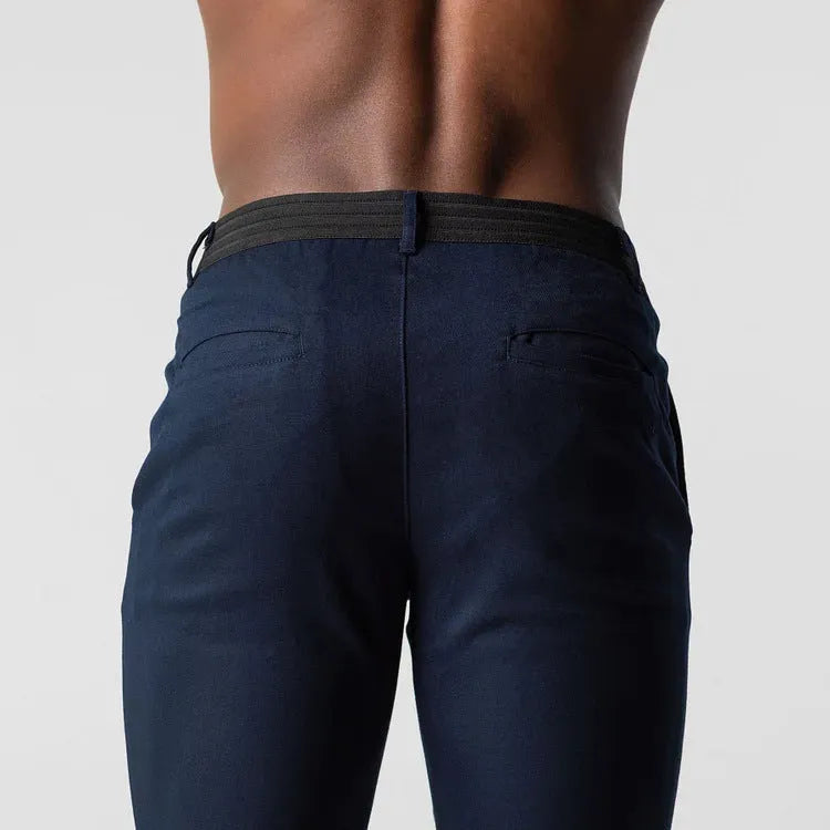 Men's casual cotton trousers in Japanese straight-leg style, available in gray and dark blue, sizes S to XXL