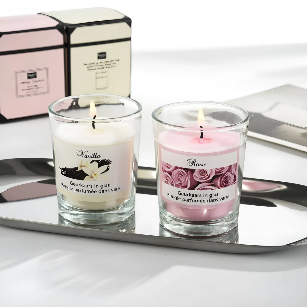 Plant wax and soy wax scented candle in a transparent glass cup, 5 x 6 cm, boxed pink or white
