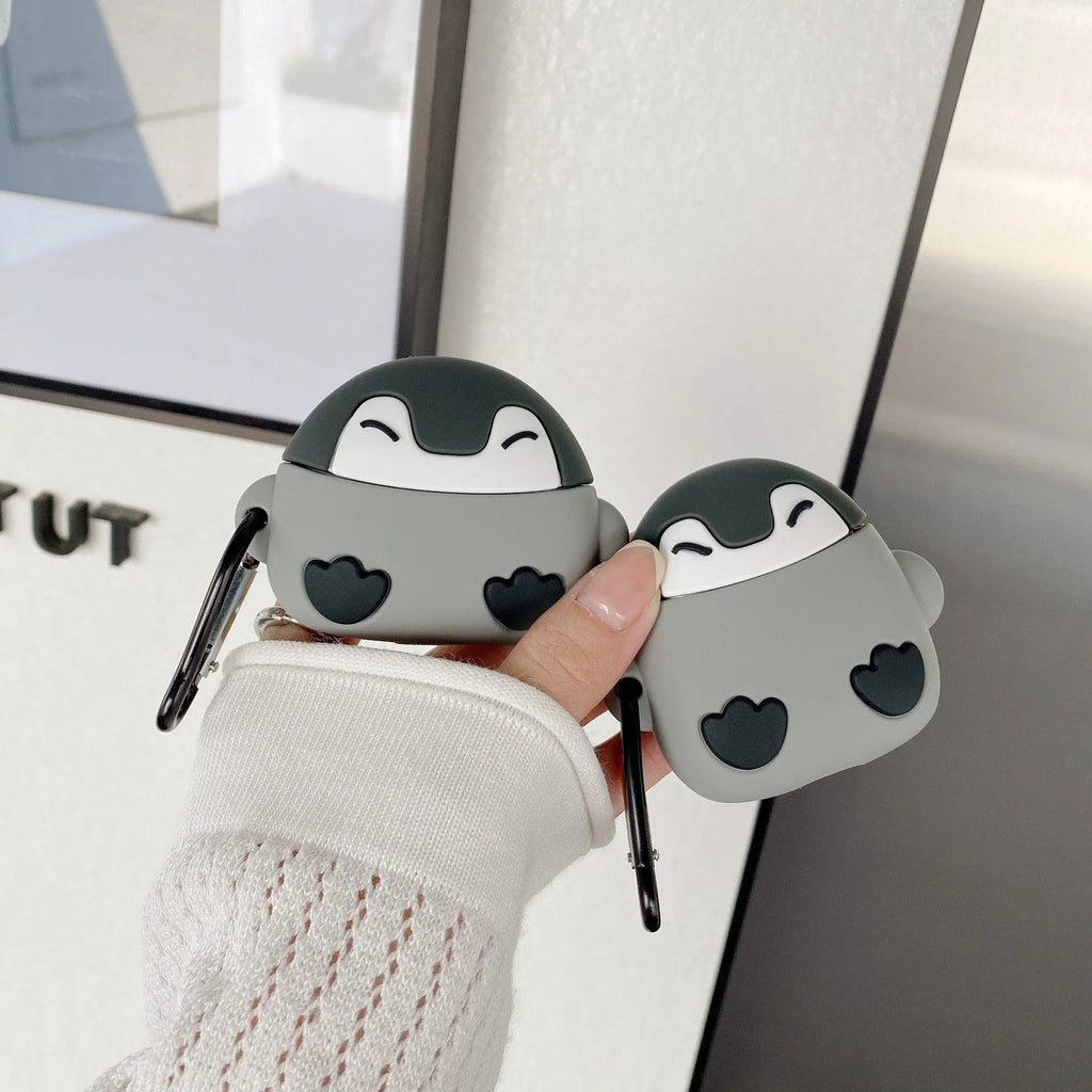 Penguin silicone AirPods case with red climbing button carabiner and 3D relief, fits AirPods 1 2 3 Pro