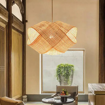 Bamboo woven rattan ceiling lamp New Chinese style pendant light adjustable height 1.5m for restaurant