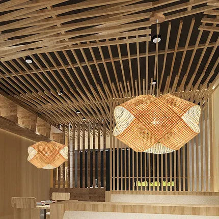 Bamboo woven rattan ceiling lamp New Chinese style pendant light adjustable height 1.5m for restaurant