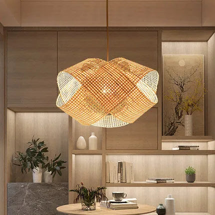 Bamboo woven rattan ceiling lamp New Chinese style pendant light adjustable height 1.5m for restaurant