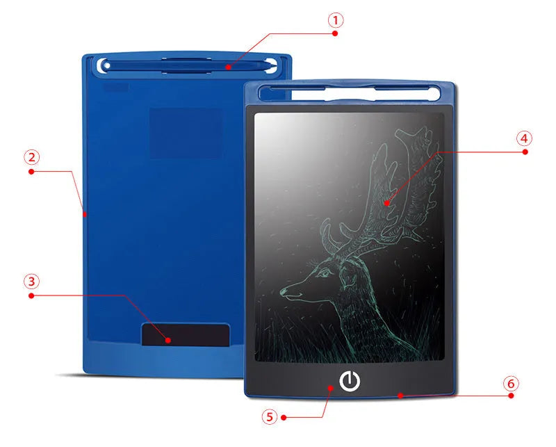 LCD writing tablet with ABS frame, 150 x 122 x 7mm, pressure sensing screen, erase button and CR2025 battery