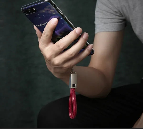 Red leather iPhone charging cable with zinc alloy connectors, 20cm length