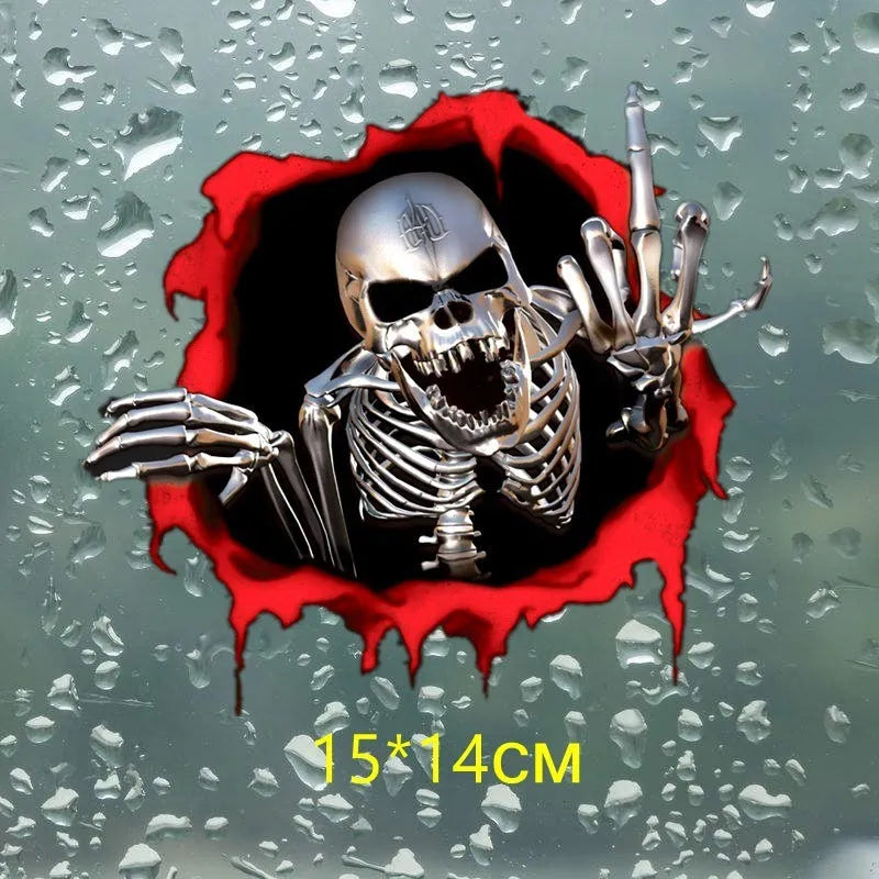 Colourful broken shell metal skull bumper sticker measuring 15 by 14 centimetres