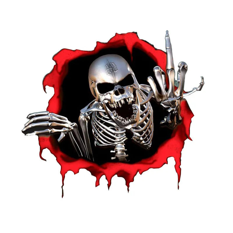 Colourful broken shell metal skull bumper sticker measuring 15 by 14 centimetres