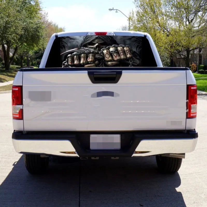 Death skull rear window decal in black on a PVC sticker measuring 135x36cm for vehicle customisation