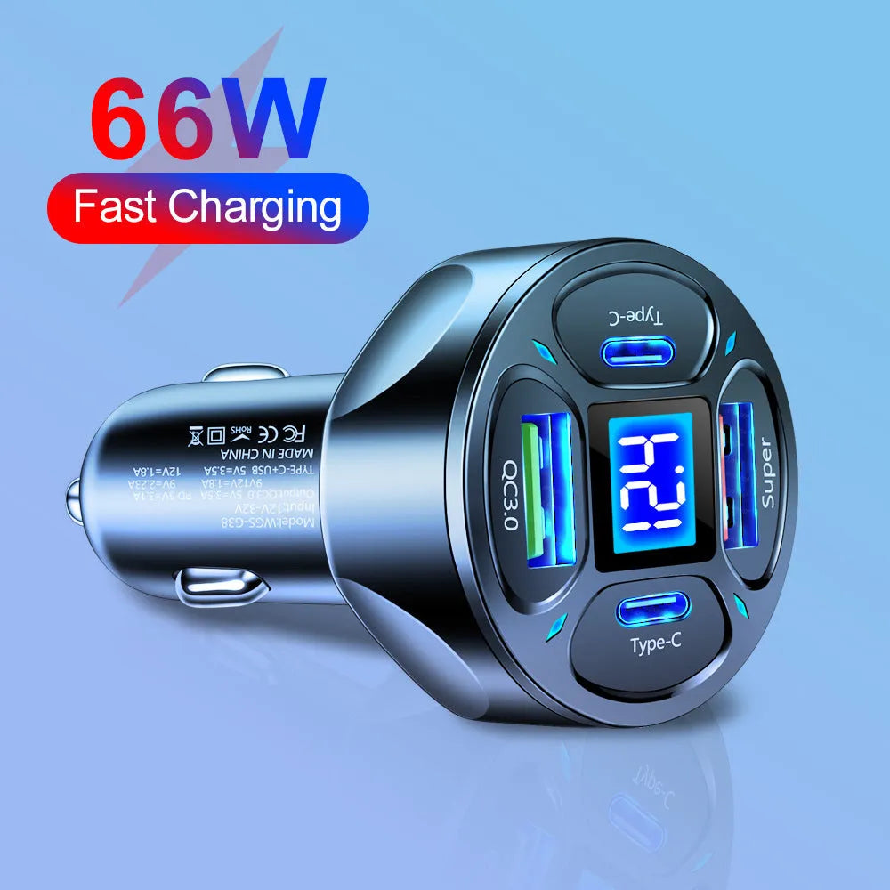 66W digital display car charger with two USB and two Type-C ports for vehicle fast charging