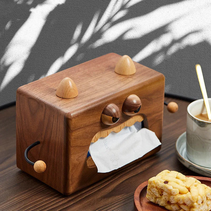 Wooden tissue box with cartoon monster design in beech and walnut colours