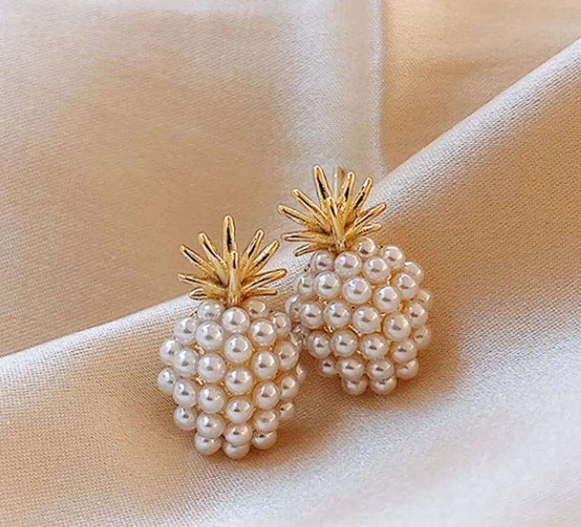 Korean style pineapple and starfish pearl drop earrings in alloy with electroplated finish
