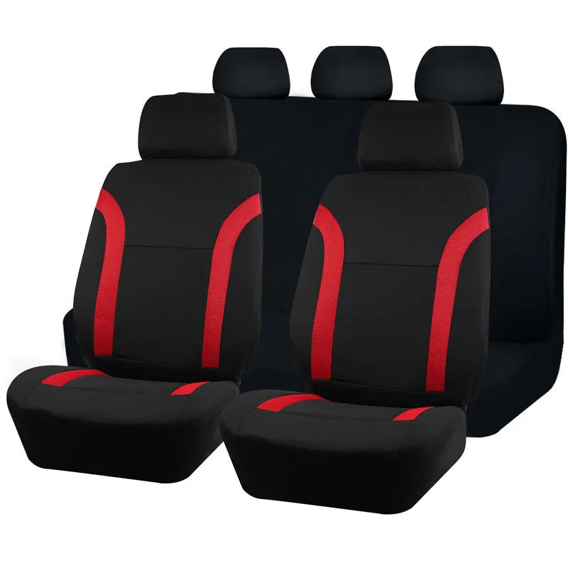Polyester car seat cover with eyelet stitch detail in blue, red, black, or grey colour options.