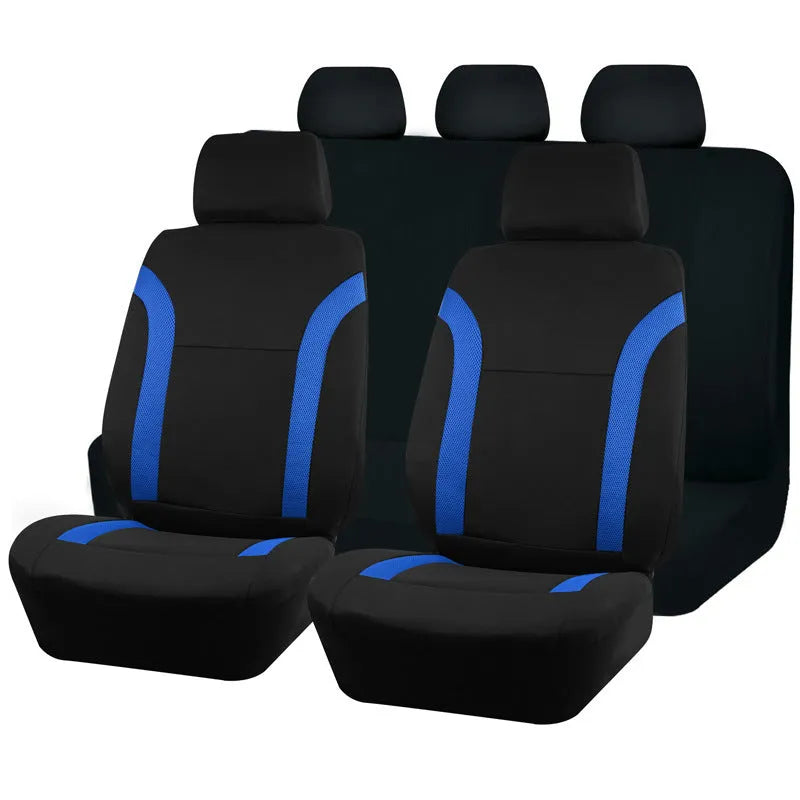 Polyester car seat cover with eyelet stitch detail in blue, red, black, or grey colour options.