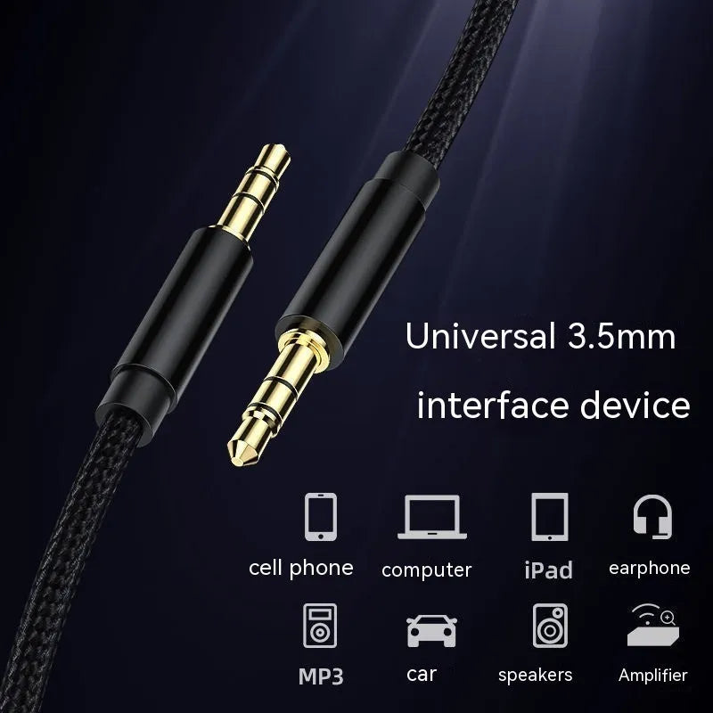 3.5mm male to male audio cable with gold-plated plugs, shown in black, gold, silver, and red lengths 1m to 3m