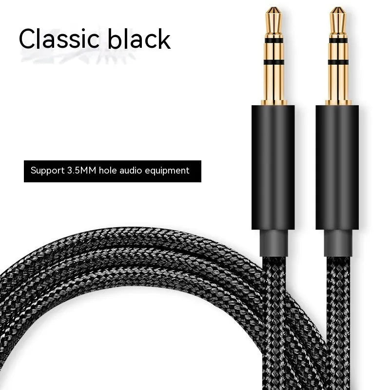 3.5mm male to male audio cable with gold-plated plugs, shown in black, gold, silver, and red lengths 1m to 3m