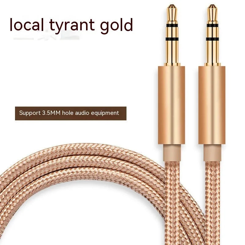 3.5mm male to male audio cable with gold-plated plugs, shown in black, gold, silver, and red lengths 1m to 3m