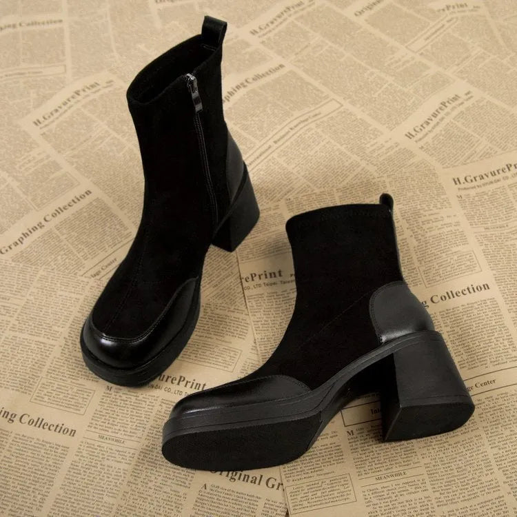 Black thick bottom chunky heel Martin boots for women with rubber sole, side view
