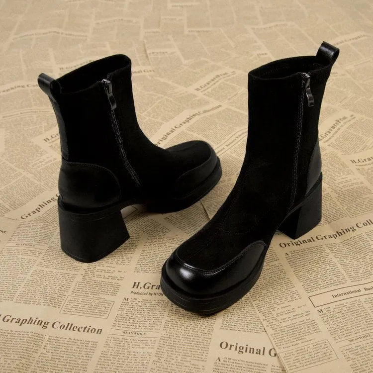 Black thick bottom chunky heel Martin boots for women with rubber sole, side view