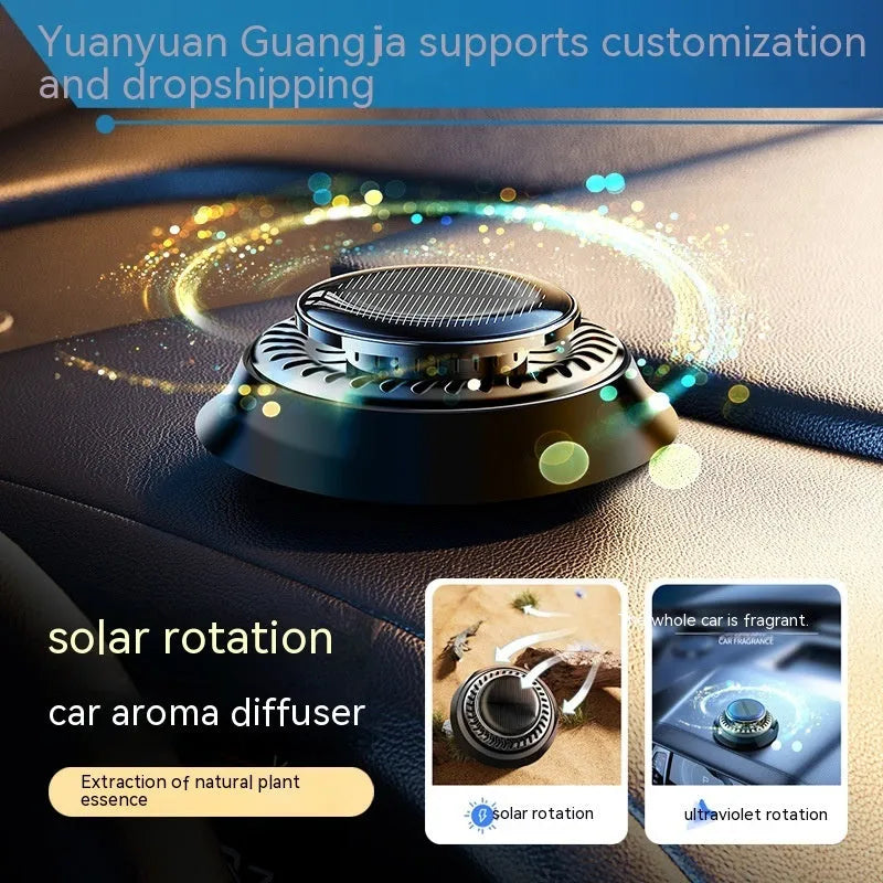 Solar-powered kinetic car air freshener with double ring rotating mechanism on car dashboard