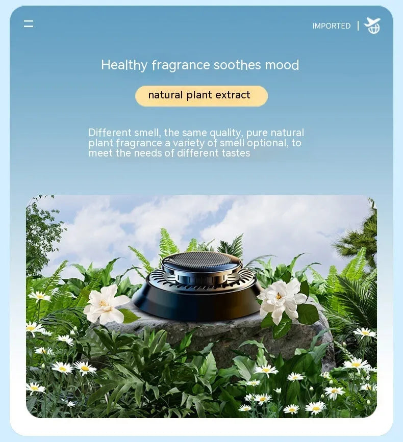 Solar-powered kinetic car air freshener with double ring rotating mechanism on car dashboard