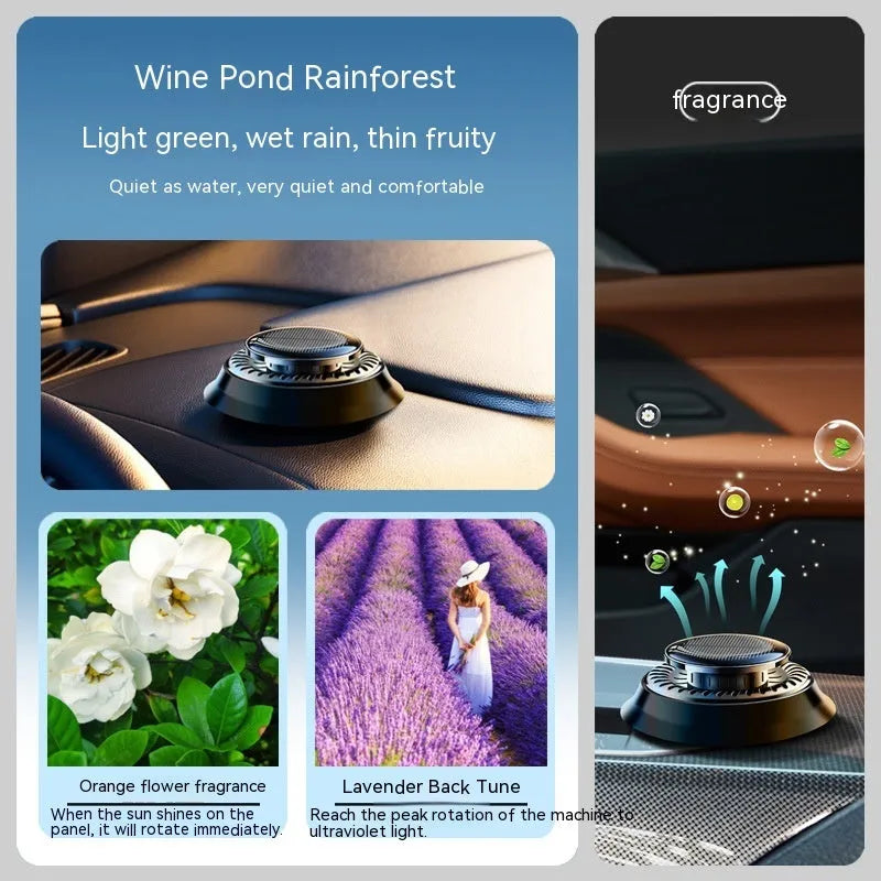 Solar-powered kinetic car air freshener with double ring rotating mechanism on car dashboard