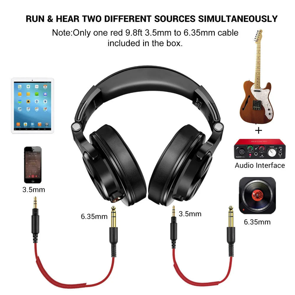 Black and red OneOdio over-ear wired headphones with a detachable 3.5mm audio cable.