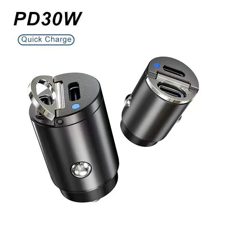 30W car cigarette lighter charger with dual PD and QC ports in zinc alloy housing
