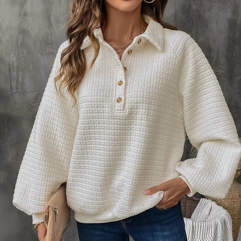 Women's milky white beige polo collar sweater with long sleeves, made from thickened polyester.