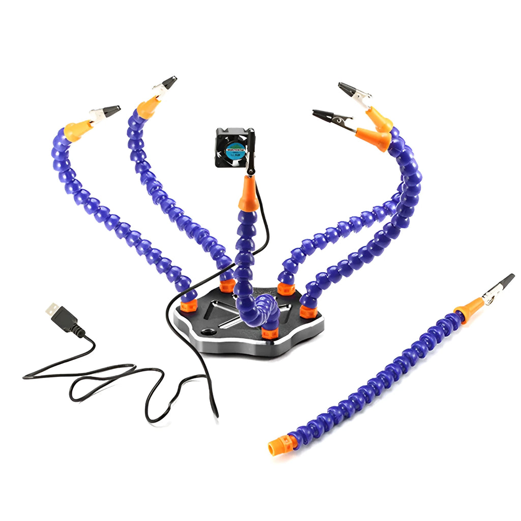 Black aluminium alloy six-claw welding station with multiple adjustable arms on a workbench.