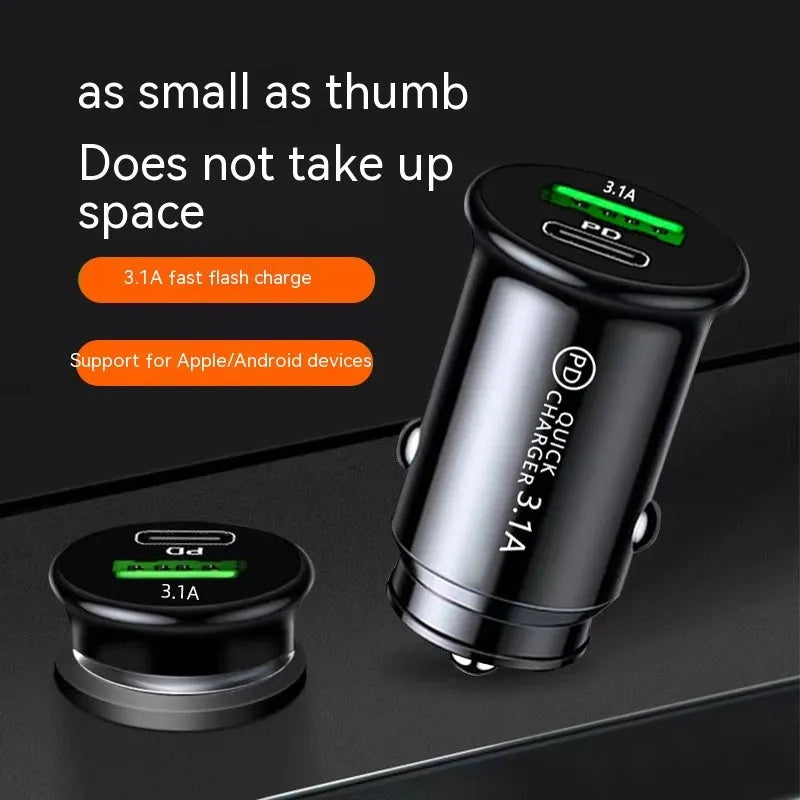 Dual USB port car charger converter for 12V/24V vehicles in black bare metal finish