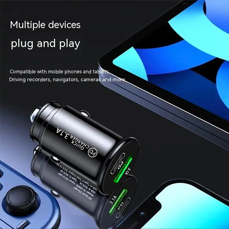 Dual USB port car charger converter for 12V/24V vehicles in black bare metal finish