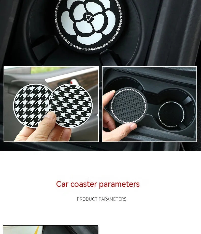 PVC plastic car cup holder mat coaster in black and white checkerboard pattern.