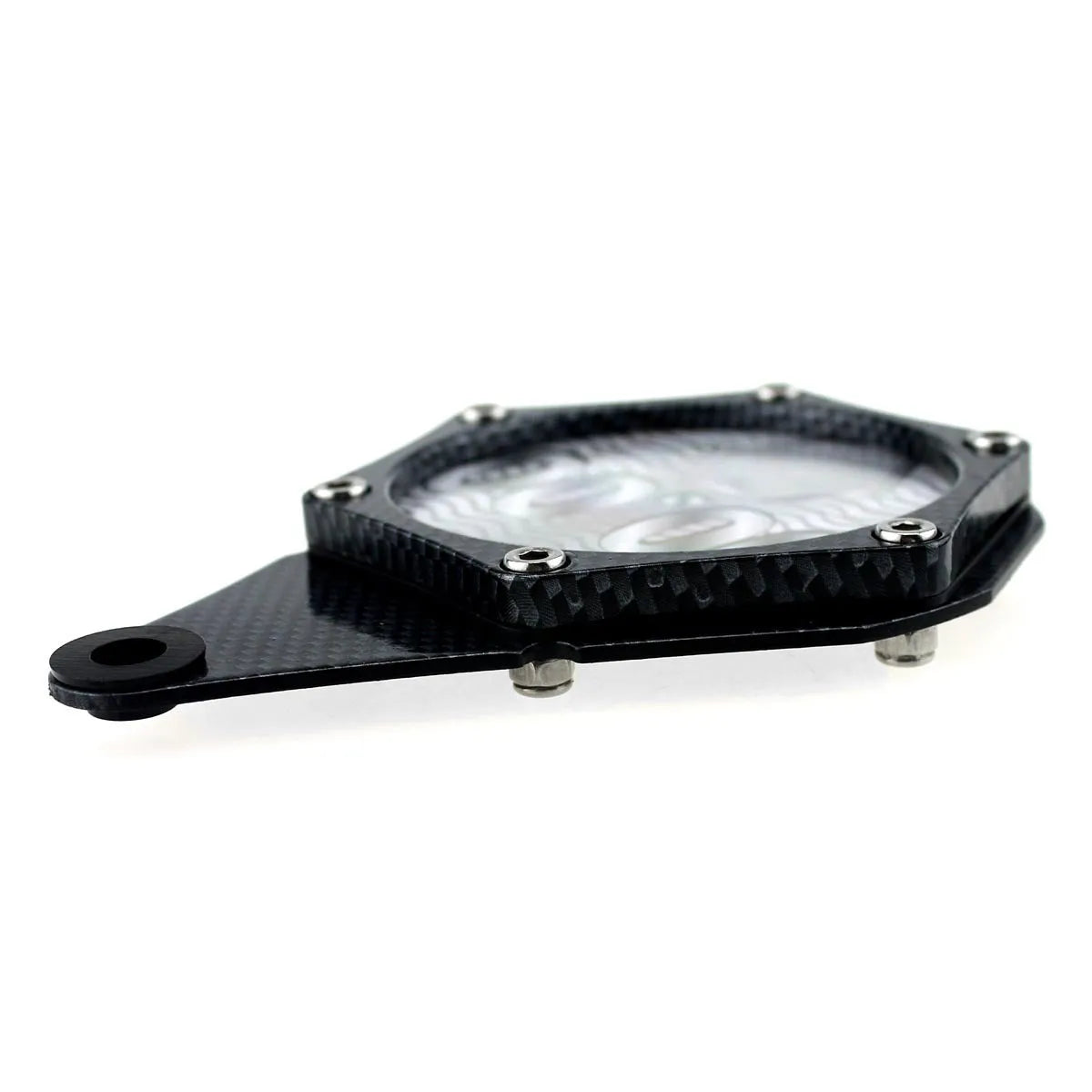 Black carbon fibre pattern motorcycle tax disc holder with anti-theft screws