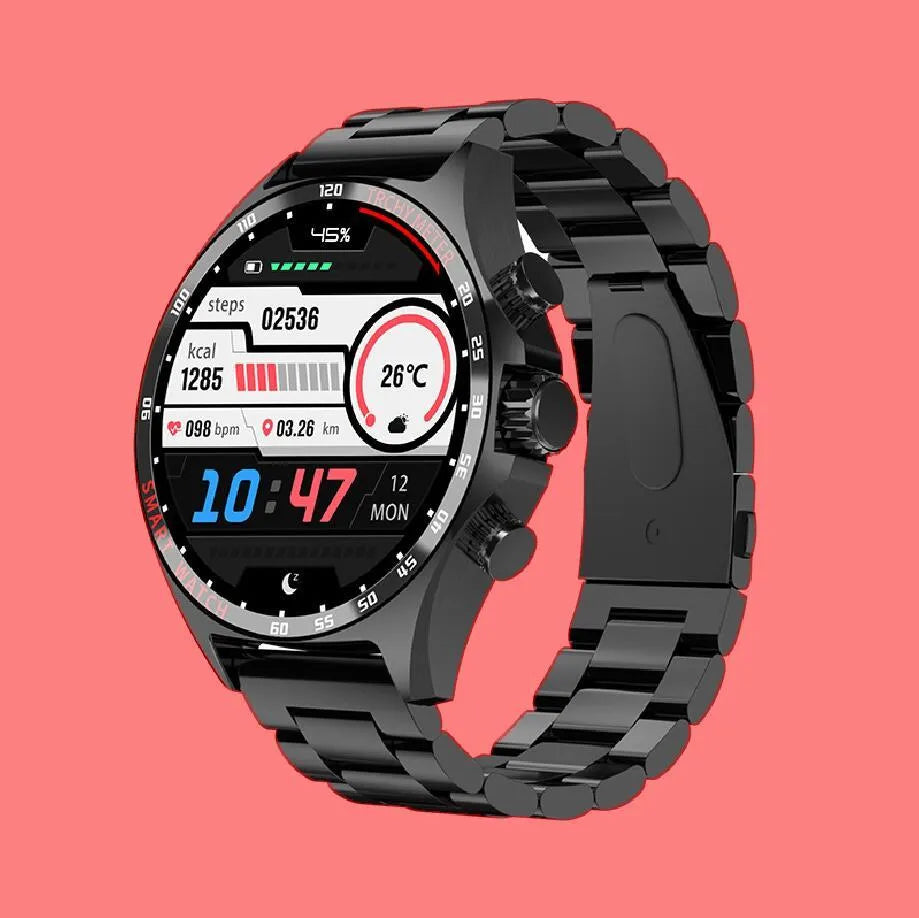 Smart watch with TFT screen showing health metrics, available in black, gold, and silver colours