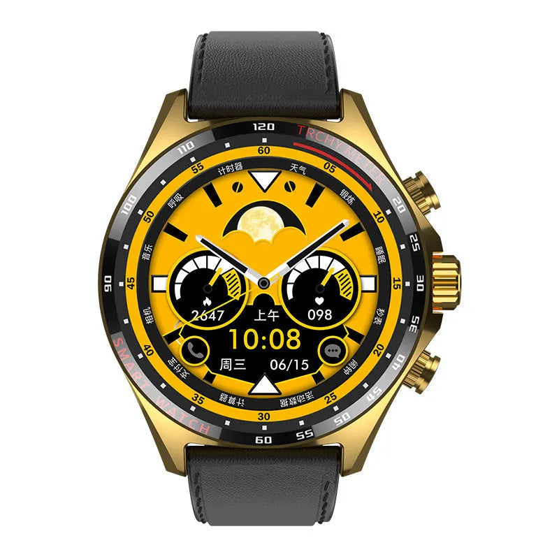 Smart watch with TFT screen showing health metrics, available in black, gold, and silver colours