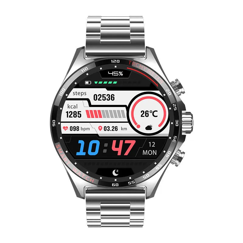 Smart watch with TFT screen showing health metrics, available in black, gold, and silver colours