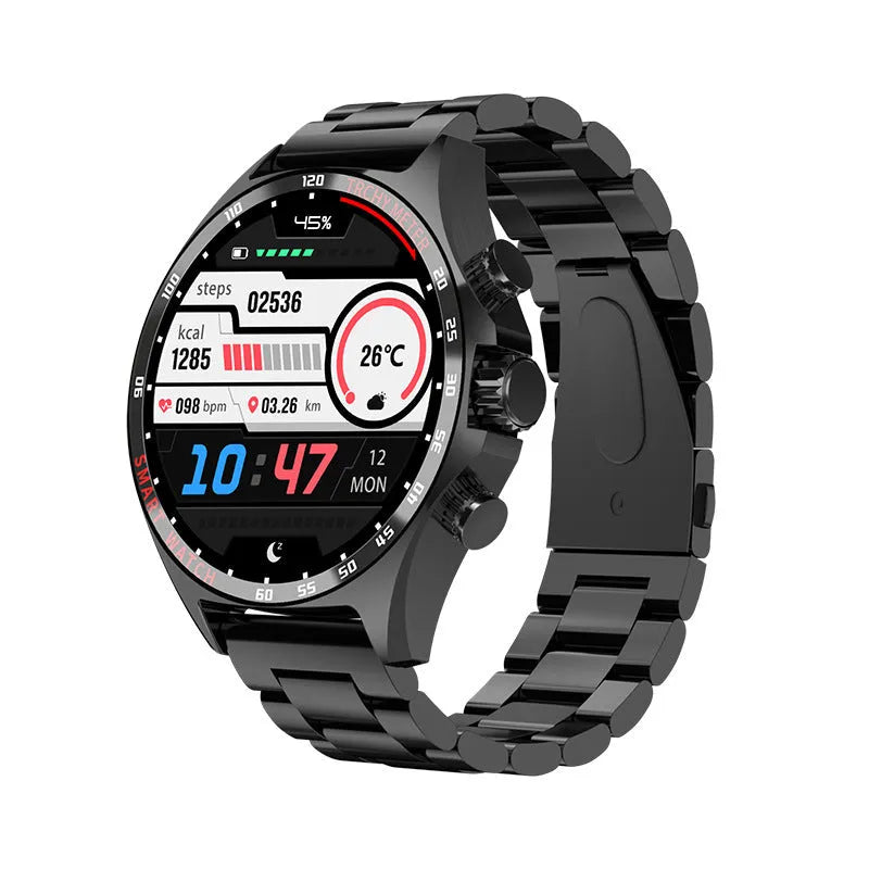 Smart watch with TFT screen showing health metrics, available in black, gold, and silver colours