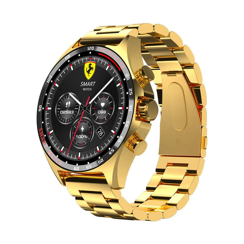 Smart watch with TFT screen showing health metrics, available in black, gold, and silver colours